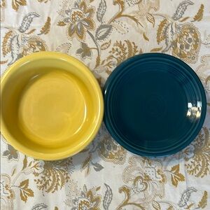 Homer Laughlin Fiesta Yellow Bowl and Teal Ceramic Plates